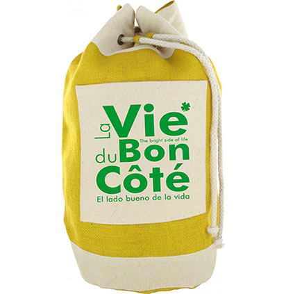 joli sac de plage de couleur jaune et vert original et décontracté avec la mention la vie du bon coté utile et solide sac matelos de voyage